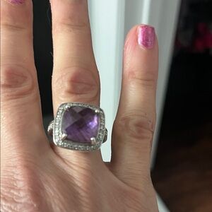 Sterling Silver large Amethyst Cushion Halo Ring - Purple w diamonds Size 7